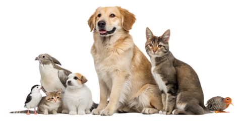 High-quality realistic group of domestic animals sitting together in a calm and friendly pose. Dogs, cats, birds and small pets are arranged side by side, looking directly at the camera. The image is 