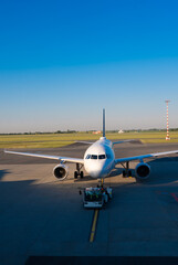 Naklejka premium Passenger airplane taxiing on the runway of a modern international airport.