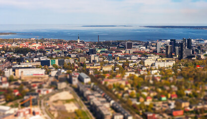Tallinn city skyline with old town and skyscrapers.