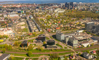 Tallinn city skyline with old town and skyscrapers.