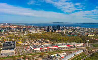 Tallinn city skyline with old town and skyscrapers.