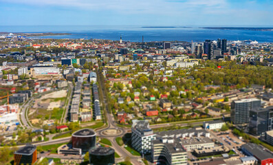 Tallinn city skyline with old town and skyscrapers.