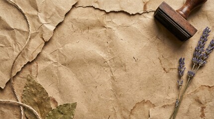 Vintage botanical elements: lavender, leaves, stamp, and textured paper.