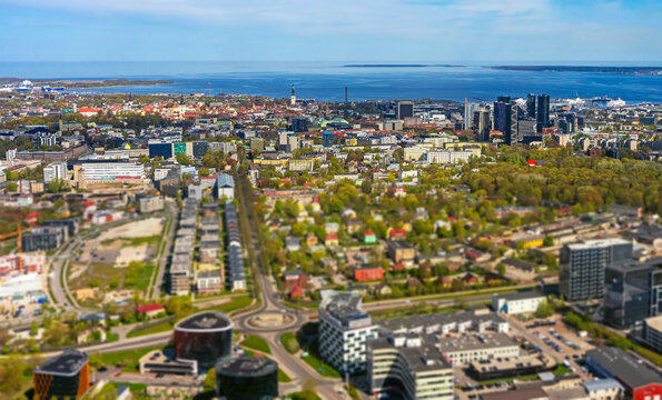 Tallinn city skyline with old town and skyscrapers.