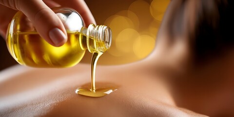 Massage therapist pouring oil on lady back, young woman enjoying spa, relaxed and happy, getting massage, concept of real estate future, couple living with keys, wife running, singing, facial, salon.