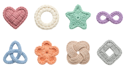 Chunky knit textile shapes set including heart, star, infinity, and celtic knot designs. Handmade crochet and woven craft collection for hobby and decor.
