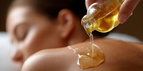 Massage therapist pouring oil on lady back, young woman enjoying spa, relaxed and happy, massage concept, with couple, wife getting facial, living real estate future, salon experience, keys to peace.
