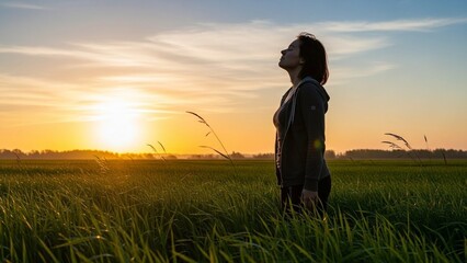 Person breathing deeply in a green field at sunrise, gentle wind, peaceful mood, natural light, realistic photography