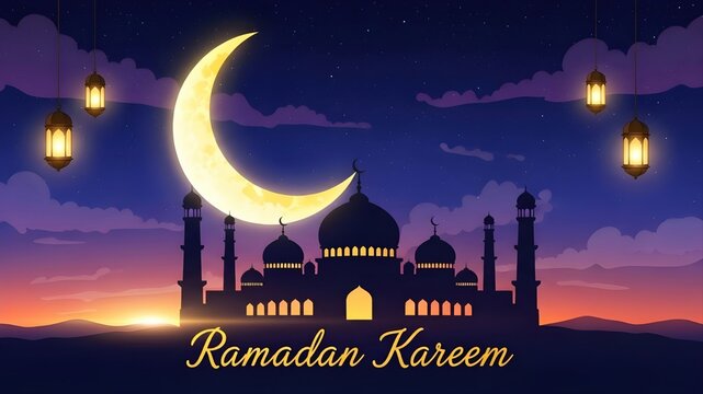 Ramadan Kareem Night: Sunset sky with purple clouds, silhouette of large mosque, glowing yellow crescent moon, hanging lanterns, peaceful Islamic landscape, religious holiday concept - Powered by Adobe