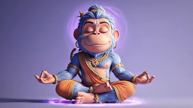 Cute Cartoon Hanuman Meditating Digital Art Representation