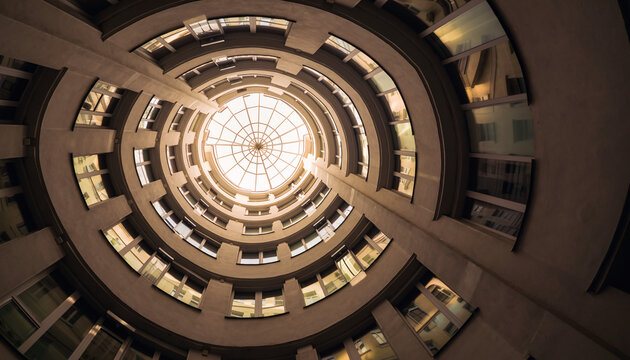 Circular atrium with multiple levels and glass ceiling.