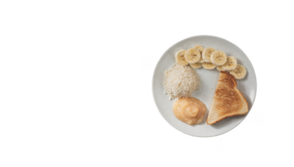 Flat lay of a mealplanning sheet accompanied by a plate displaying gentle BRAT diet foods like banana slices plain rice crisp toast and applesauce for digestive health guidance.
