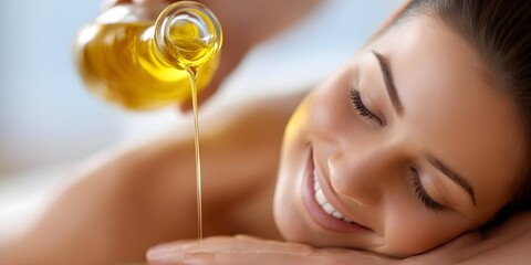 Massage therapist pouring oil on lady back, young woman enjoying spa, relaxed and happy, massage concept, couple with therapist, getting facial, wife living the future, real estate insurance keys.