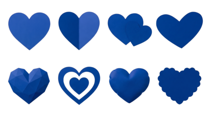 Blue heart set including paper, geometric, layered, and decorative styles isolated. Creative love and romance collection for craft and holiday design.