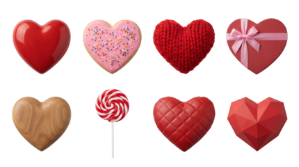 Heart shape collection including glossy, cookie, knitted, gift box, wooden, lollipop, quilted, and origami variants isolated. Valentine's Day and romance design elements.