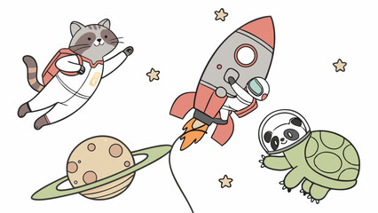 Obraz premium Cute Animals Astronauts Flying Rocket Past Saturn Stars Adorable Kids Space Adventure Illustration for Nursery Decor and Party Invitations