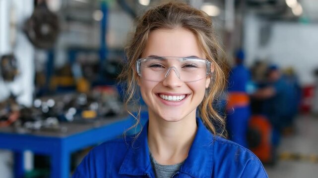 The Smiling Technician in the Workshop: a confident female technician stands in a busy automotive workshop, her eyes bright with the spark of technical prowess and expertise.