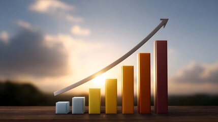 A bar chart with colored bars and an upward pointing arrow against a sunset sky representing business growth and positive financial trends