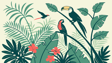 Obraz premium Vibrant Tropical Jungle Illustration for Travel Brochures Exotic Wildlife Background for Summer Vacation Web Design Lush Rainforest Parrot Toucan Foliage
