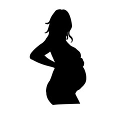 A black silhouette of a pregnant woman with her hand on her lower back.