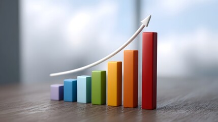 Bar chart with colorful bars and an upward arrow indicating positive growth and progress
