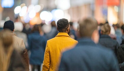 Fototapeta premium A man in a yellow jacket walks through a crowd of people.