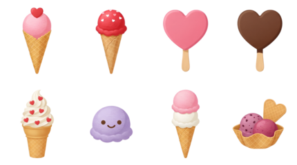 Ice cream set including cones, heart shaped popsicles, scoops, and sundae bowl isolated. Sweet dessert and summer treat collection.