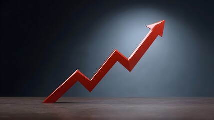 Red jagged arrow graph pointing upwards on a dark background symbolizing growth progress and positive financial trends
