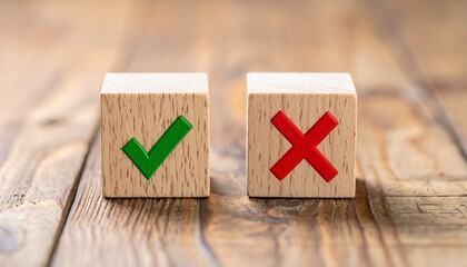 Two wooden blocks side by side with green check mark and red cross symbols on natural wood surface