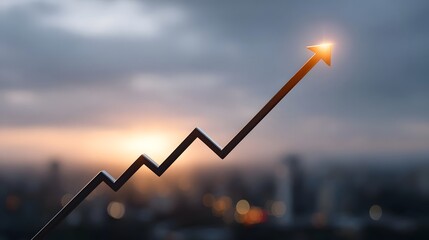 An upward trending graph arrow signifies growth and success against a twilight cityscape