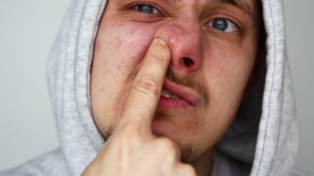The rude and uncivilized behavior of a guy picking his nose against a white background.
A rude guy with nasty habits.