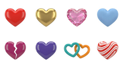 Heart shape collection including glossy red, gold, diamond, blue, broken, purple, interlocking, and candy striped variants isolated. Love and valentines day set.