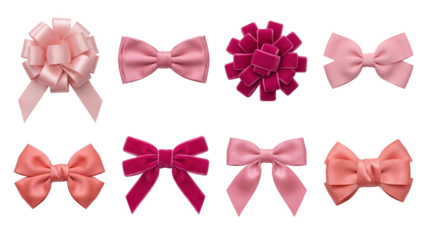 Pink ribbon bow set including satin, velvet, and grosgrain gift knots isolated. Decorative elements for wedding, holiday, and anniversary wrapping.