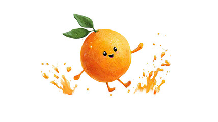 cute smiling orange fruit character splashing fresh juice with leaf playful illustration on white background