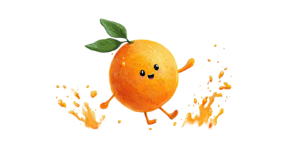 cute smiling orange fruit character splashing fresh juice with leaf playful illustration on white background