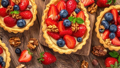 Top-down view of fruit tarts with strawberries, blueberries, and walnuts on golden crust over wooden surface