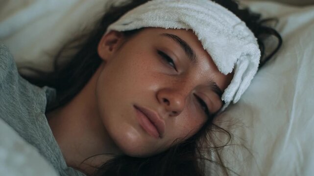 Rest and Recovery: A woman lies in a bed with a cool compress on her forehead, suggesting illness or discomfort. The image evokes a sense of vulnerability and the need for rest.