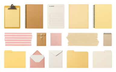 PNG Stationery collection with diverse items, element set on transparent background