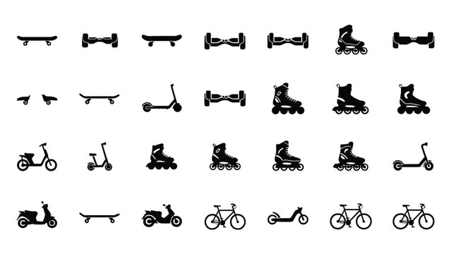 Various scooters skateboards roller skates bicycles and hoverboards in black silhouette for transportation on white background