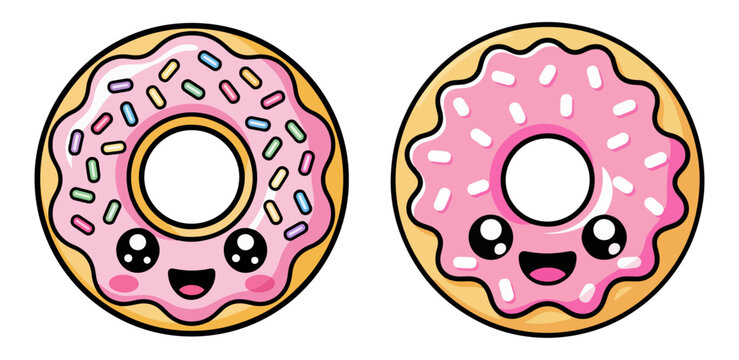 Donut Vector Cartoon Characters Set on white background, Delicious Sweet Donuts Kawaii Cartoon Character.