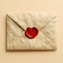 Vintage sealed envelope with red wax seal isolated on beige background