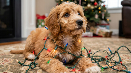 Puppy tangled in holiday lights while lying on carpet indoors  