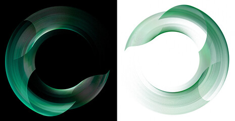 Green arcing striped layered planes create a circular three-dimensional frame on white and black backgrounds. Set. Icon, logo, symbol, sign. 3D rendering. 3D illustration. © Svetlana