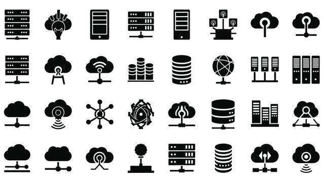 Collection of dark server and network icons illustrating data storage and cloud computing solutions on white background