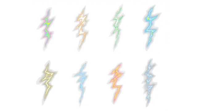 Set of eight lightning bolts in different shapes and colors on transparent PNG background. - Powered by Adobe