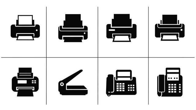 Office equipment icons illustrating printing faxing and hole punching for documentation and communication needs on white background