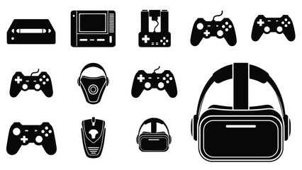 Gaming consoles and controllers arranged in a collection of vector icons for entertainment and digital lifestyle on white background © Newton