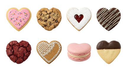 Heart shaped cookies set including frosted, chocolate chip, jam filled, and gingerbread variants isolated. Valentine's Day sweets and dessert collection.