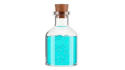 Glass bottle with blue liquid and cork stopper