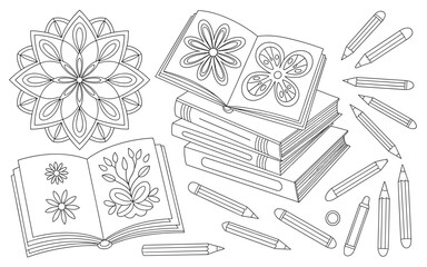 A minimalist line art illustration of coloring books and pencils for adult relaxation and creativity